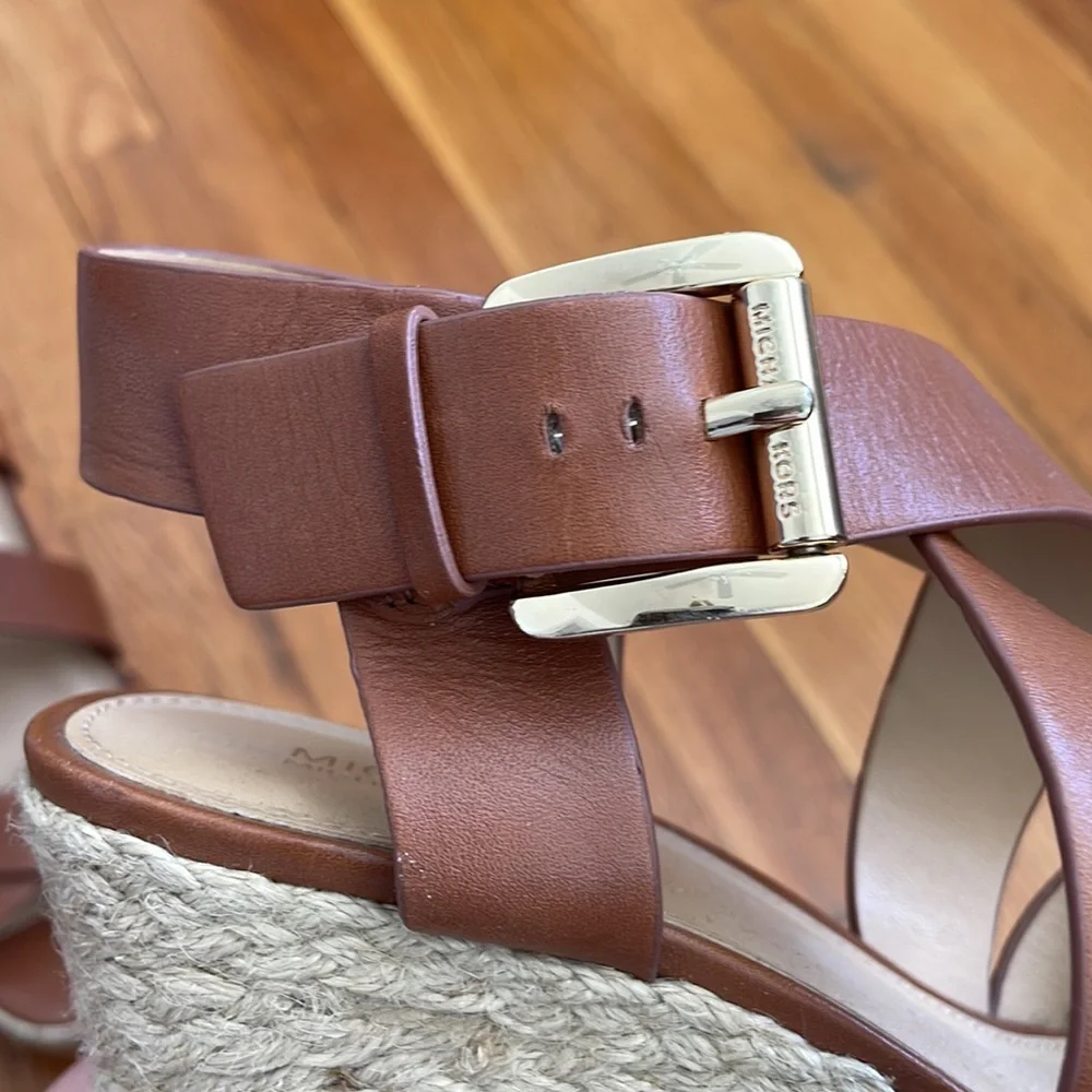 Michael Kors Brown Leather Crisscross Wedge Sandals size 7.5
